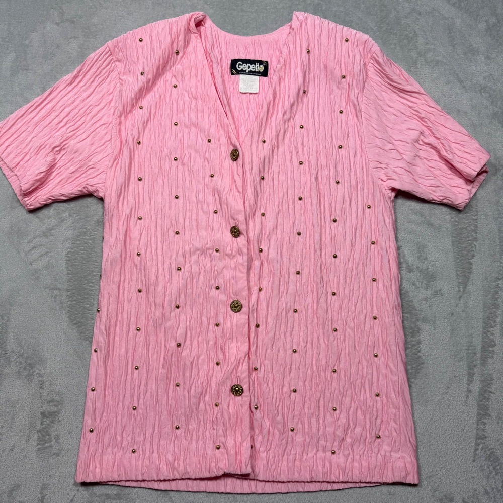 Vintage 90s Pink Textured Studded Button Up Blouse Top Size M Cottagecore Girly